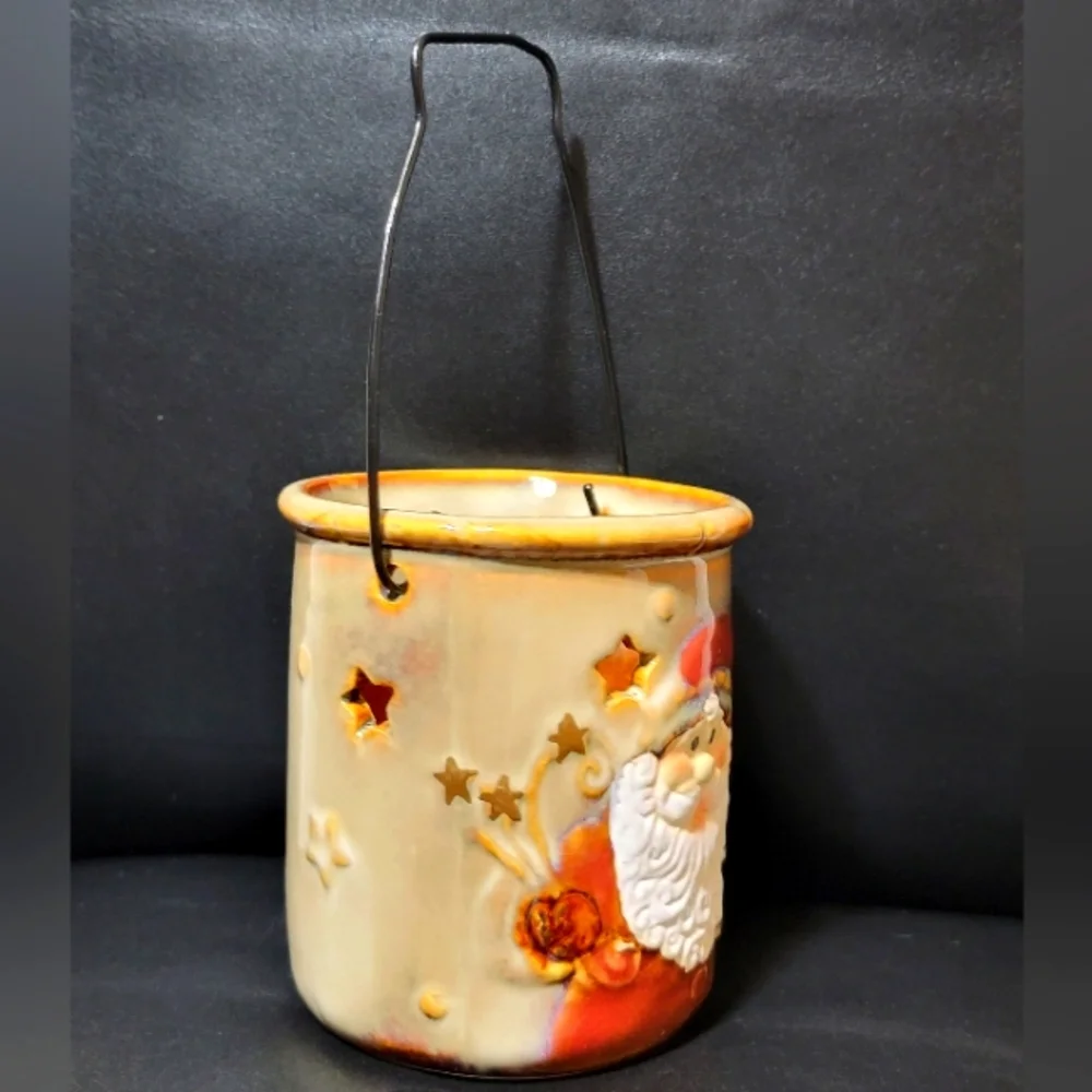 Vintage Ceramic Santa Claus Christmas Textured Lantern Tea Light Candle Holder